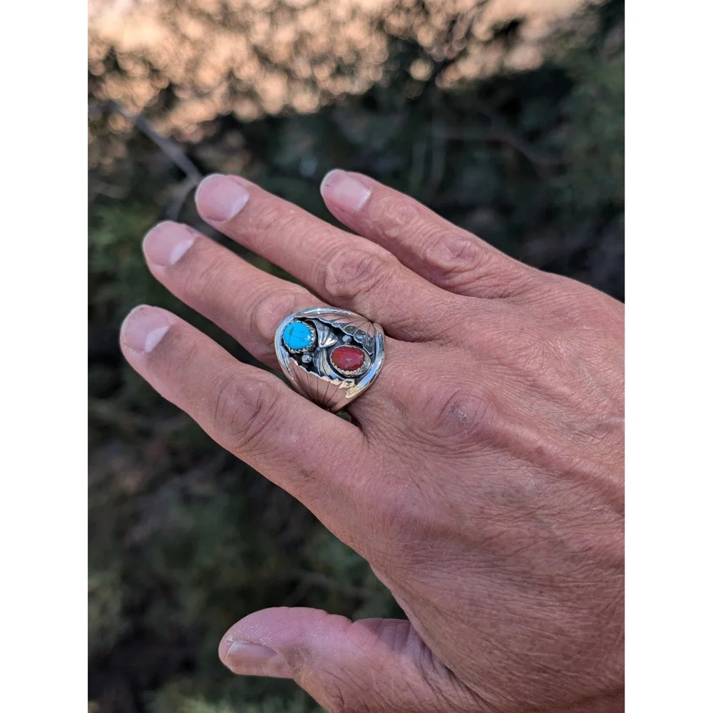 Navajo Men's Ring Sterling Turquoise Coral by J. Begay 13.5 Southwest Artisan*** - Picture 3 of 9